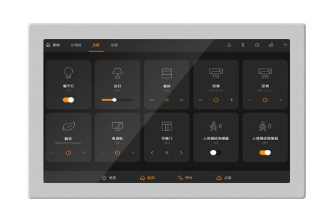 10寸智能触控面板:实现对灯光，窗帘，场景，空调，音乐，地暖，新风等控制